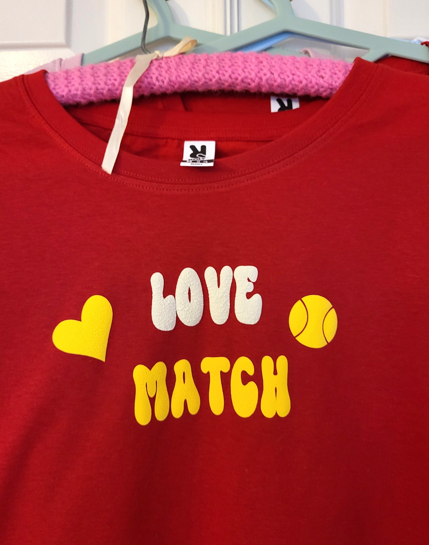 Love Match T-Shirt Glow in the Dark White Letters -Yellow Puff Heart & Padel Ball